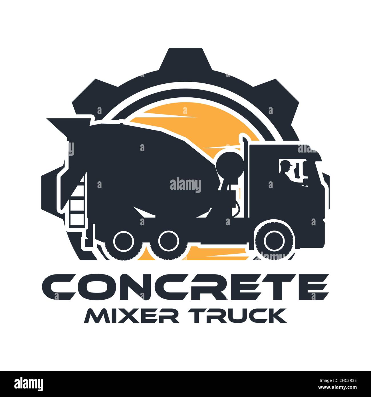 Etichetta per macchinari pesanti con operatore che guida un camion betoniera con ingranaggio sullo sfondo Illustrazione Vettoriale