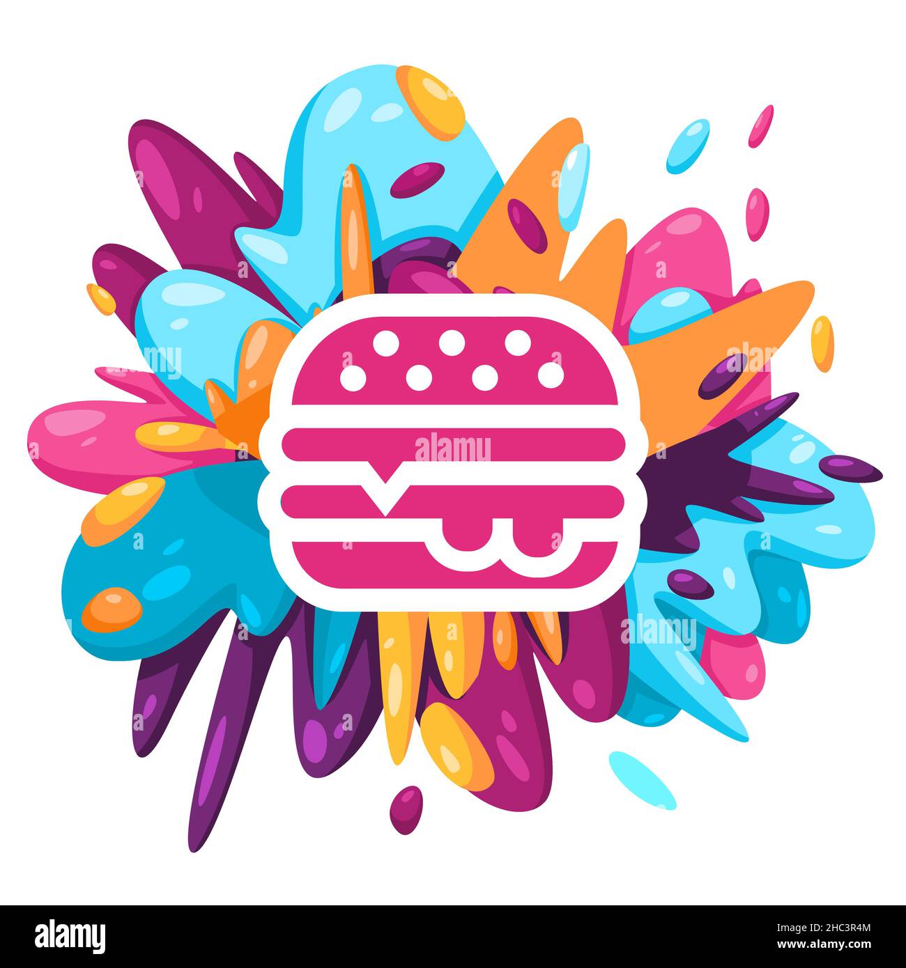 burger pranzo fast food mangiare pranzo icona in vernice spruzzata colorata liquido spruzzi inchiostro disegno creativo illustrazione Illustrazione Vettoriale