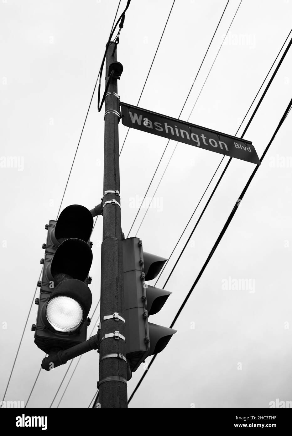 Scatto in scala di grigi di una luce stradale a Washington Foto Stock