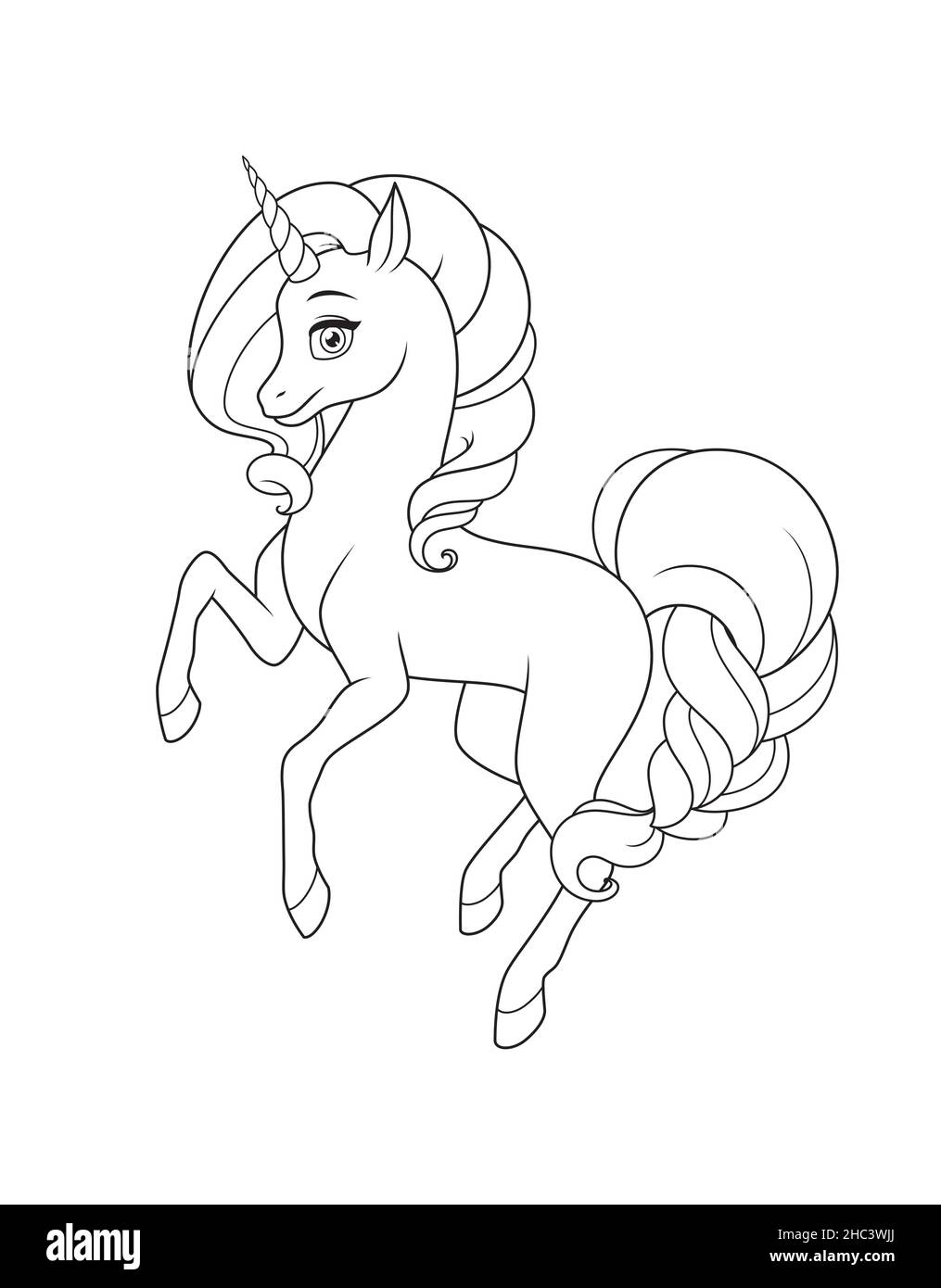 Unicorno di prancing con criniera ricurlato e coda intrecciata. Illustrazione vettoriale per la pagina del libro da colorare. Illustrazione Vettoriale