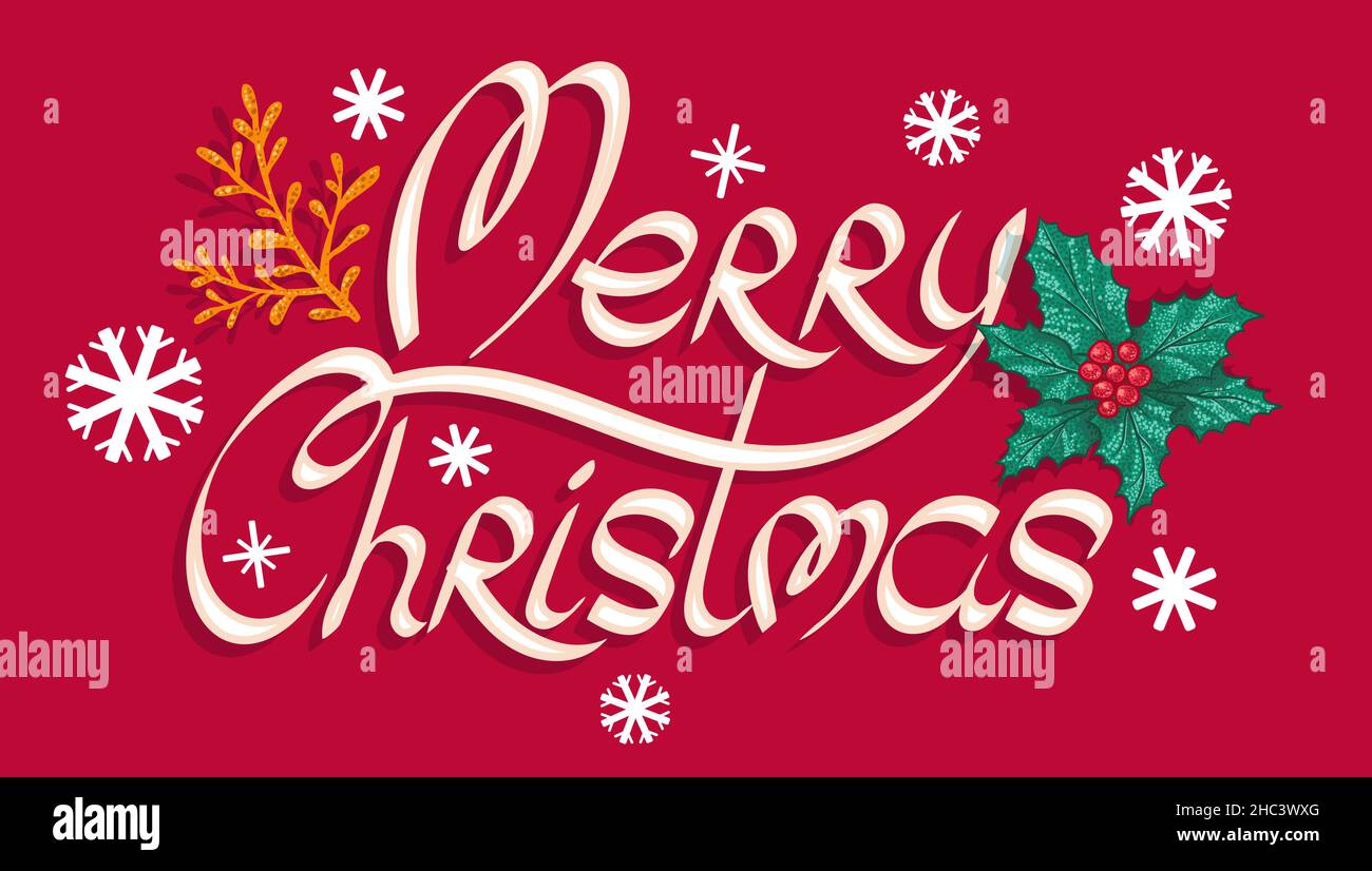 Banner vettoriale per Natale con disegno a mano lettere e piante. Banner retrò per Natale con fiocchi di neve e piante invernali. Illustrazione Vettoriale