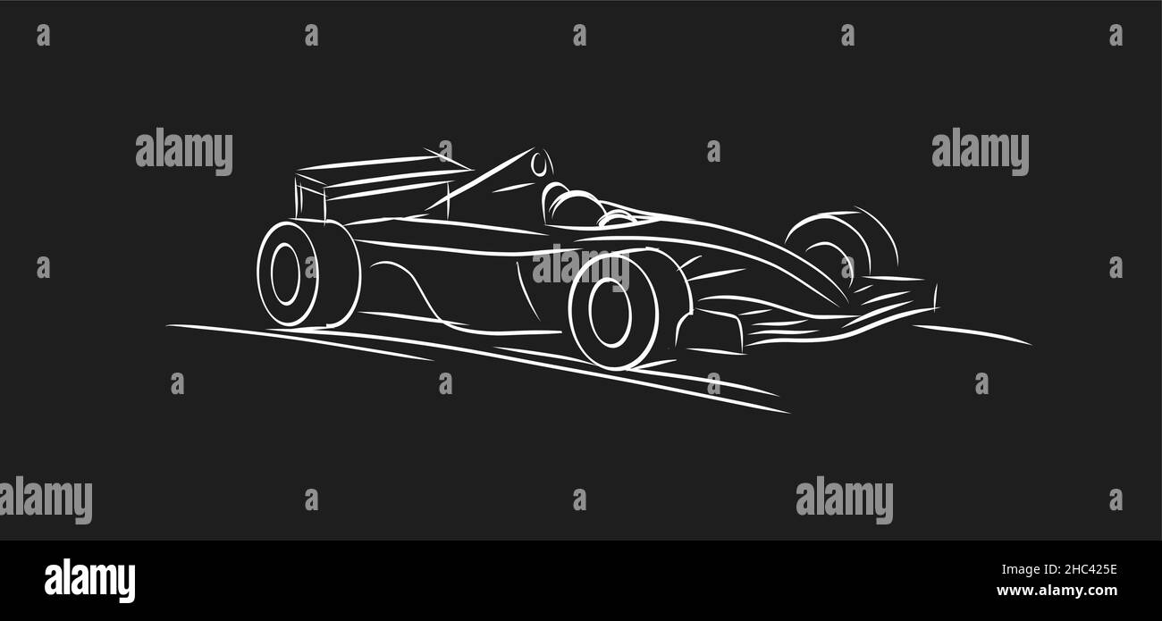 Illustrazione lineare dello schizzo di un'auto da corsa, linea bianca su sfondo nero Illustrazione Vettoriale