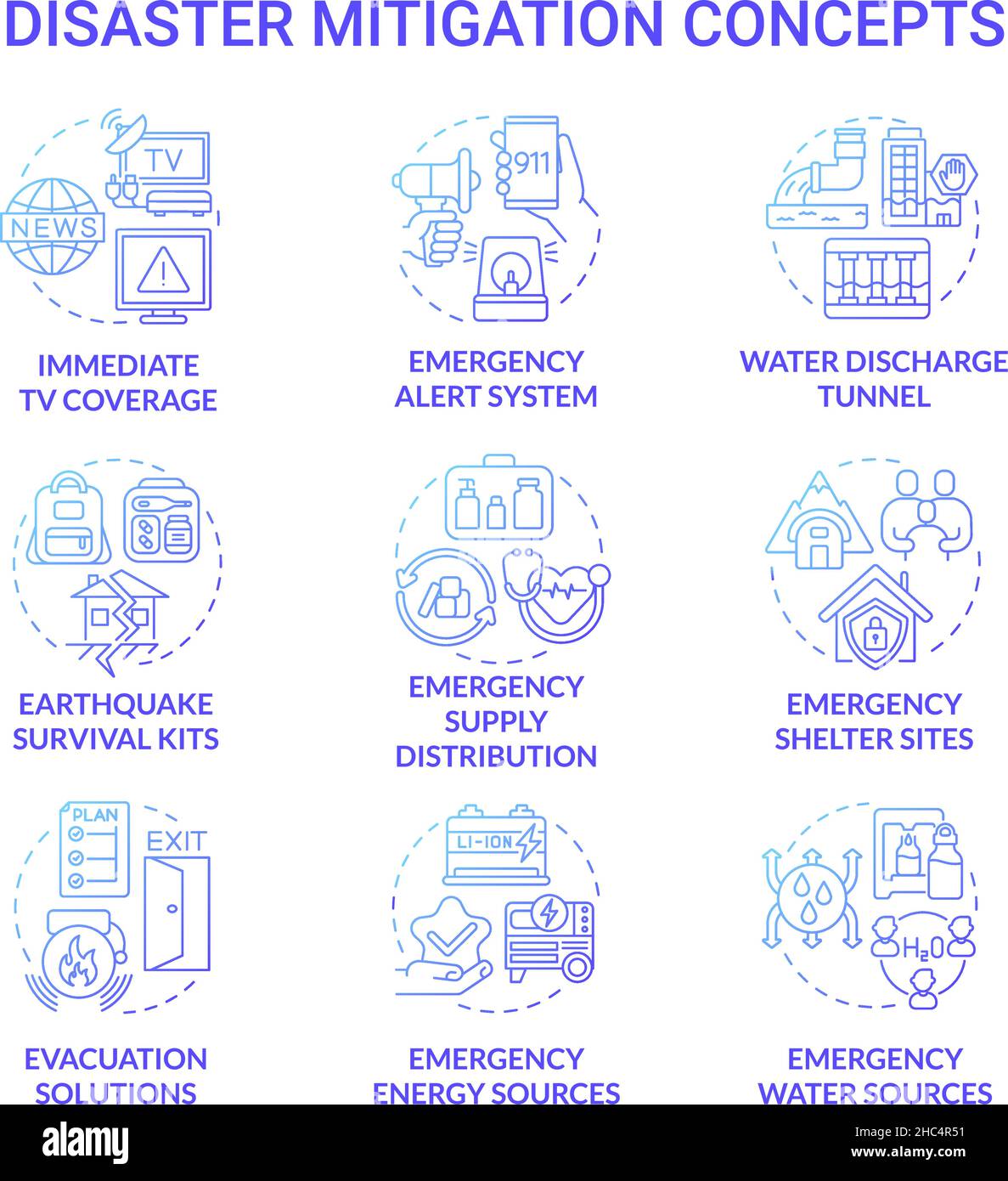 Icone blu del concetto di gradiente per la mitigazione dei disastri impostate Illustrazione Vettoriale