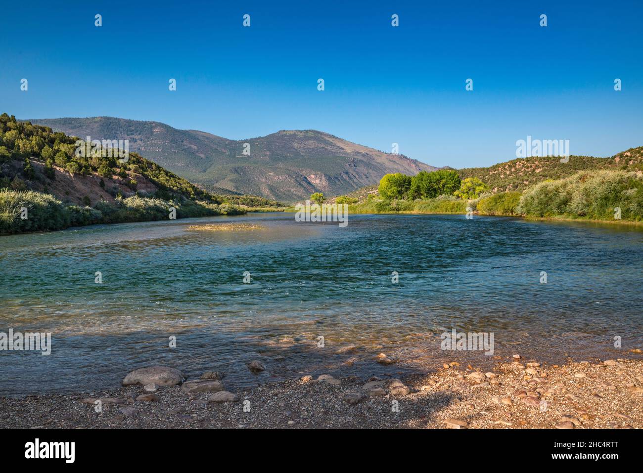 Green River all'Indian Crossing Boat Ramp and Campground, Uinta Mountains, Browns Park, Utah, USA Foto Stock