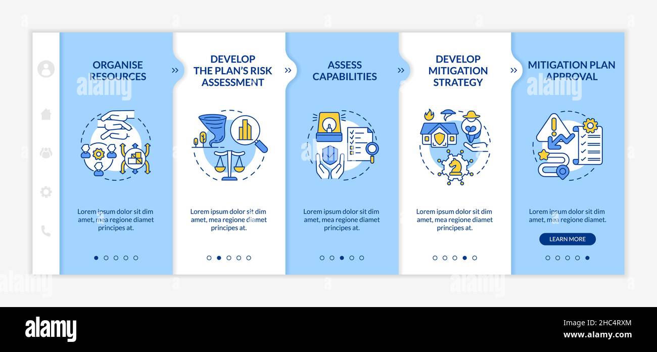Modello di inserimento blu e bianco delle fasi di attenuazione dei pericoli Illustrazione Vettoriale