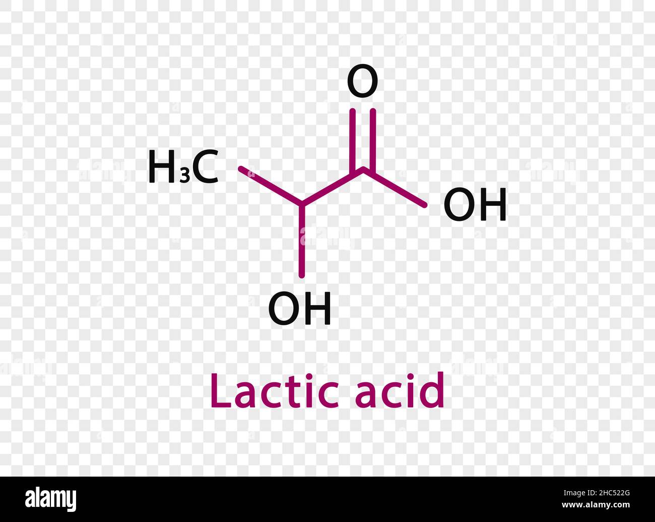 Formula chimica dell'acido lattico. Formula chimica strutturale dell'acido lattico isolata su sfondo trasparente. Illustrazione Vettoriale