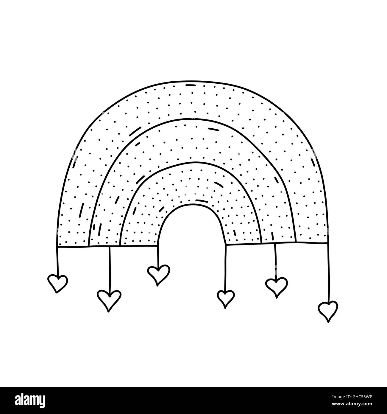 Arcobaleno disegnato a mano con icona cuori in stile doodle. Cartoon arcobaleno con cuore vettore icona per web design isolato su sfondo bianco Illustrazione Vettoriale