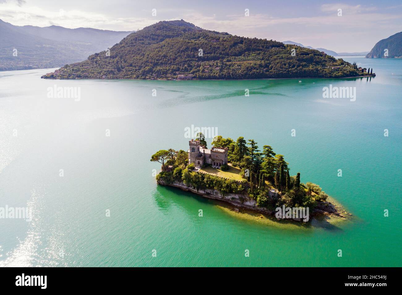 Lago d'Iseo (IT), Isola di Loreto, vista aerea Foto Stock