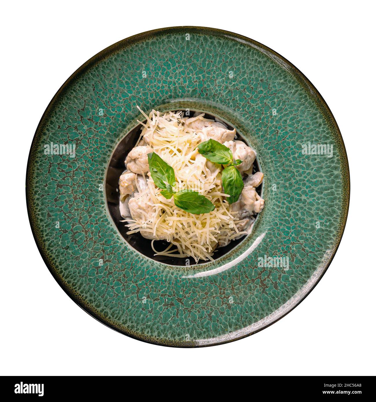 Fetuchini al sugo di panna con pollo e funghi Foto Stock