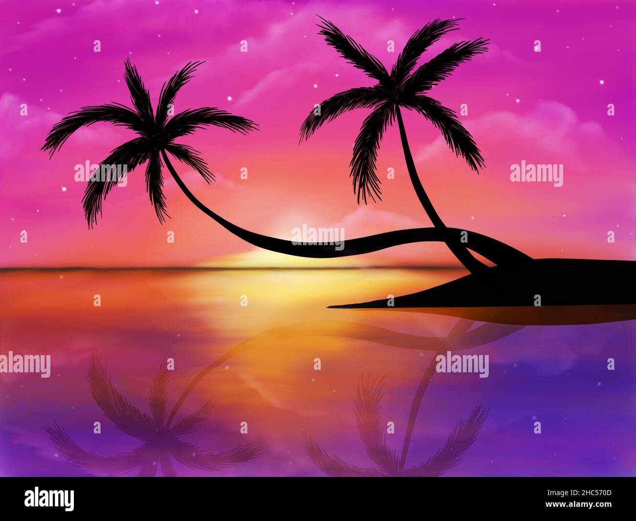 Palme scure silhouette su sfondo colorato oceano tropicale tramonto disegno a mano illustrazione Foto Stock