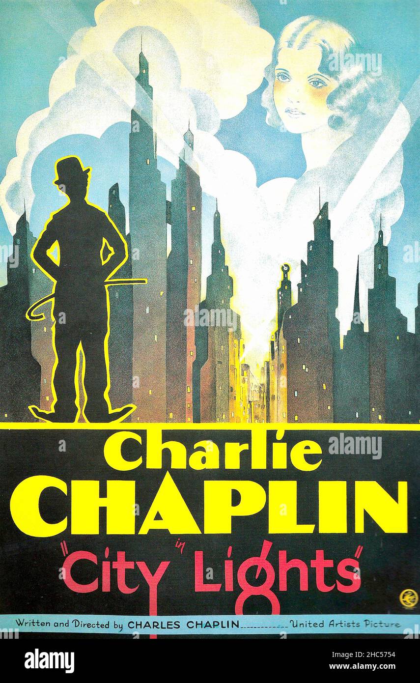 Poster for City Lights un film di commedia romantica e silenziosa americano del 1931 scritto, prodotto, diretto da Charlie Chaplin e interpretato da Charlie Chaplin. Foto Stock