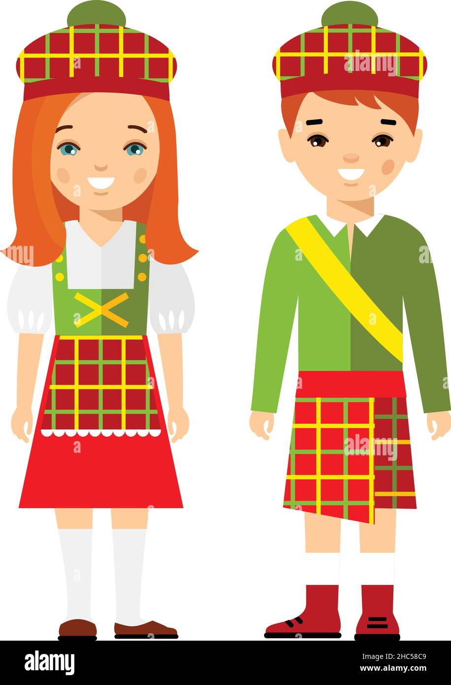 Illustrazione vettoriale di bambini scot, ragazzo, ragazza, gente. Illustrazione Vettoriale
