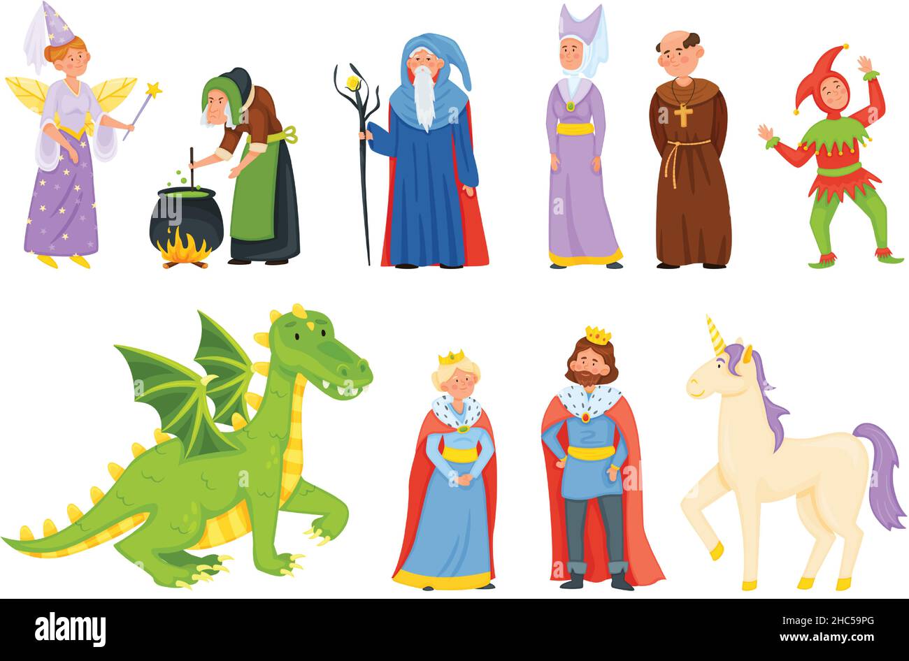 Cartoon medievale personaggi da favola, unicorno magico e drago. Fantasy fiaba strega e mago, principessa, re e regina vettore set. Persone in costumi di mezza età e creature fantastiche Illustrazione Vettoriale