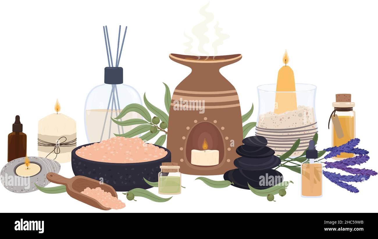 Elementi di aromaterapia per il relax, candele profumate e oli essenziali. Pietre da bagno, diffusore aromatico, illustrazione vettoriale dei fiori di lavanda. Sale minerale e foglie di piante per la terapia Illustrazione Vettoriale Elementi di aromaterapia per il relax, candele profumate e oli essenziali. Pietre da bagno, diffusore aromatico, illustrazione vettoriale dei fiori di lavanda. Sale minerale e foglie di piante per la terapia Illustrazione Vettoriale