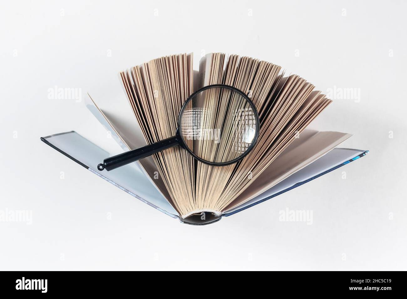 Lente d'ingrandimento sopra il libro di carta aperto con le pagine. Concetto di ricerca accademica, ricerca e studio. Foto Stock