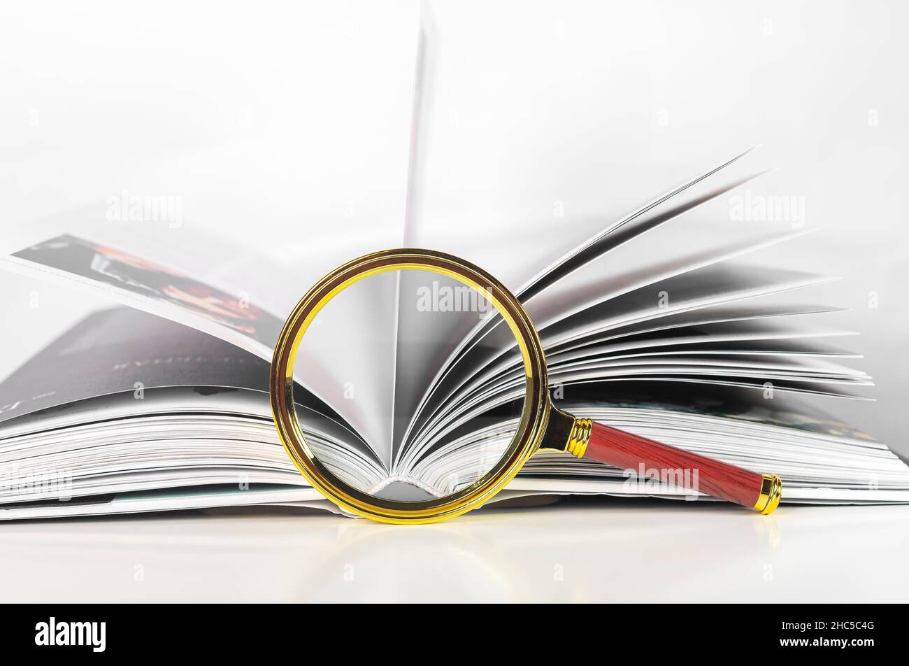 Lente di ingrandimento su carta aperta libro d'arte con pagine. Concetto di ricerca accademica. Foto Stock