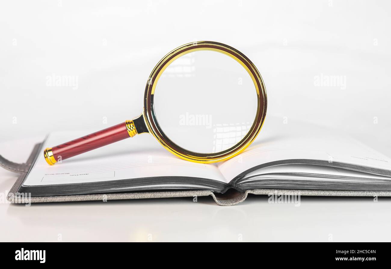 Lente di ingrandimento su carta aperta libro d'arte con pagine. Concetto di ricerca accademica. Foto Stock
