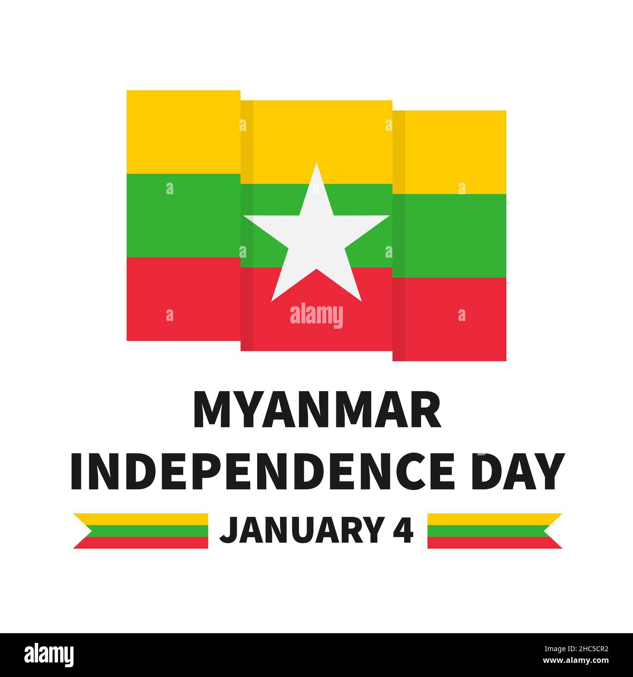 Myanmar Independence Day scritta con bandiera. Festa nazionale celebrata il 4 gennaio. Modello vettoriale per poster tipografico, banner, biglietti di auguri, Illustrazione Vettoriale
