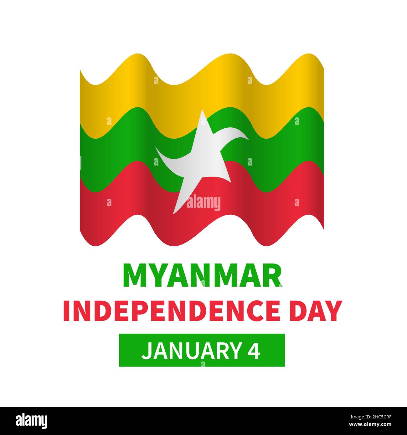 Myanmar Independence Day scritta con bandiera. Festa nazionale celebrata il 4 gennaio. Modello vettoriale per poster tipografico, biglietto d'auguri, volantino, b Illustrazione Vettoriale