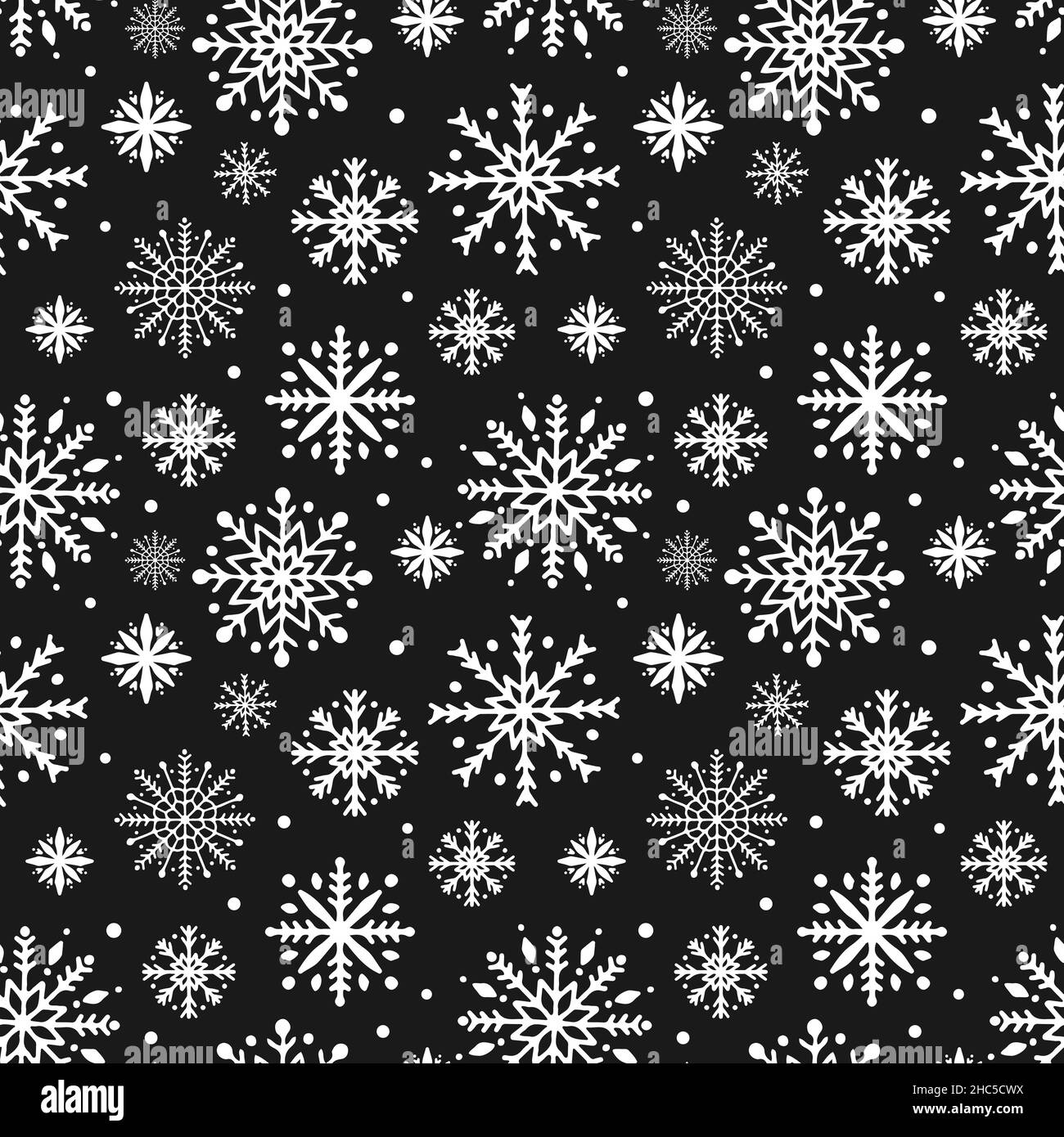 Fiocchi di neve invernali senza cuciture. Sfondo vettoriale di Natale. Bianco e nero. Modello facile da modificare per carta da imballaggio, tessuto, carta da parati, ecc. Illustrazione Vettoriale