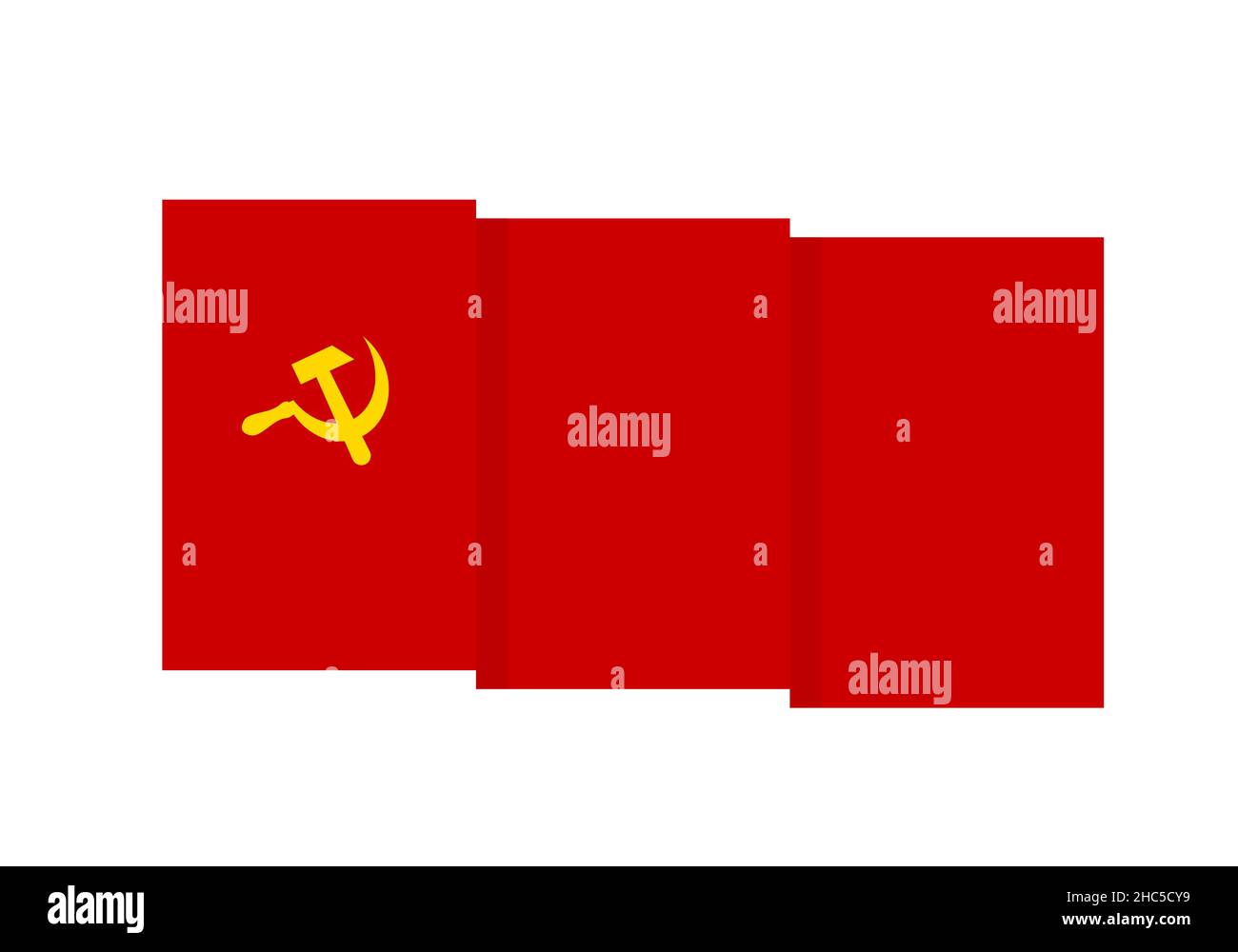 Bandiera dell'URSS. Simbolo dell'Unione Sovietica. Isolato su bianco. Stella, martello e falce. Modello vettoriale per poster, banner, volantino, ecc. Illustrazione Vettoriale