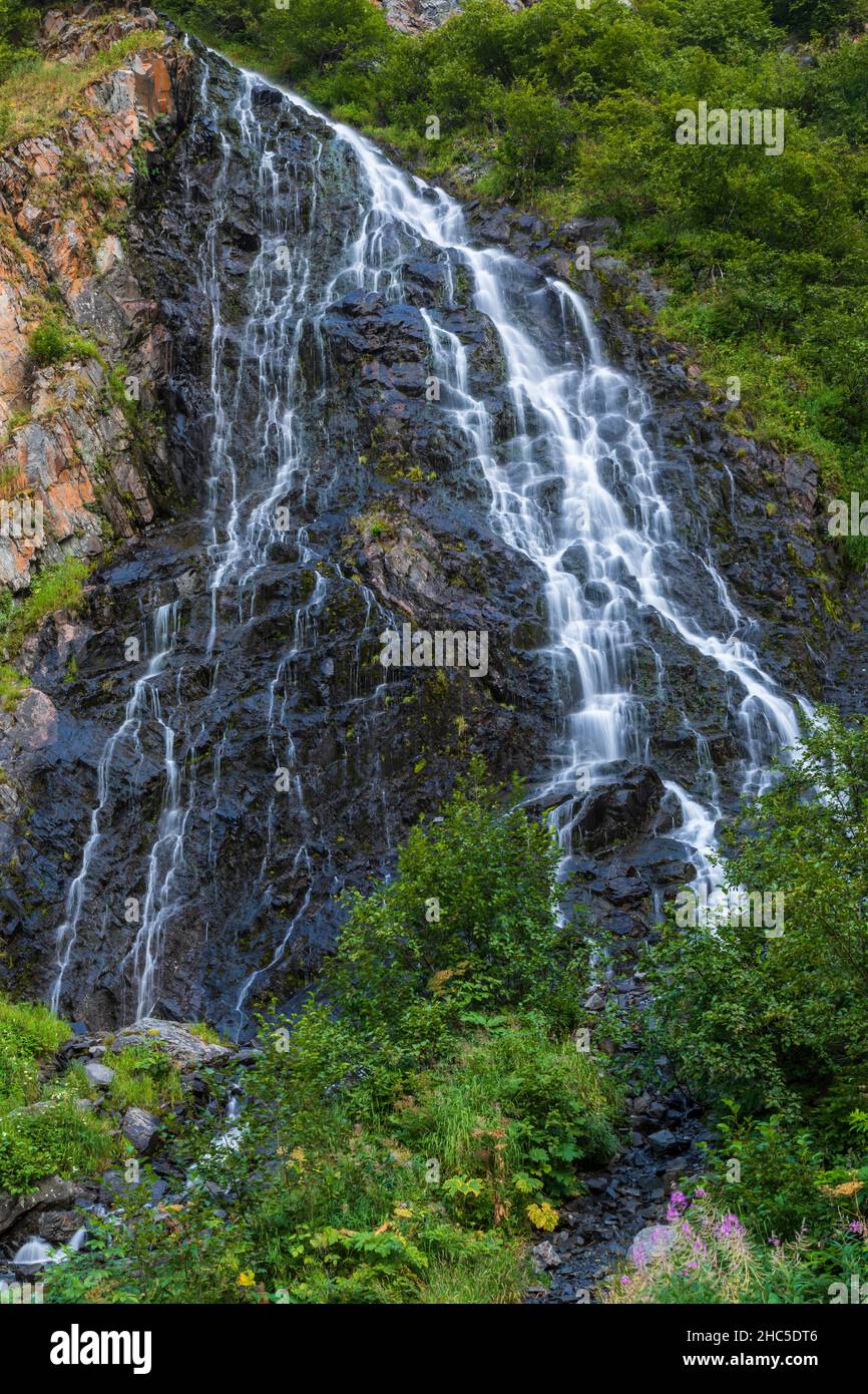 Cascate di Horsetail a Keystone Canyon Valdez, Alaska Foto Stock