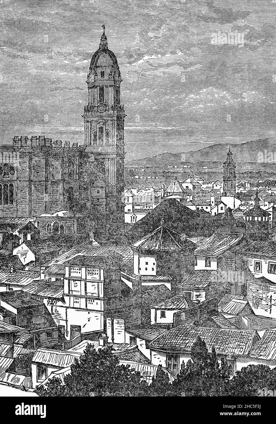 Un'illustrazione di fine 19th secolo della città andalusa di Malaga. L'assedio di Málaga (1487) fu un'azione che durò circa quattro mesi durante la Reconquista della Spagna, in cui i monarchi cattolici di Spagna conquistarono la città di Mālaqa dall'Emirato di Granada. La maggior parte della popolazione sopravvissuta della città fu schiavizzata o messa a morte dai conquistatori. Geopoliticamente, la perdita della seconda città più grande dell'emirato, dopo Granada stessa, e del suo porto più importante fu una perdita importante per Granada. Foto Stock