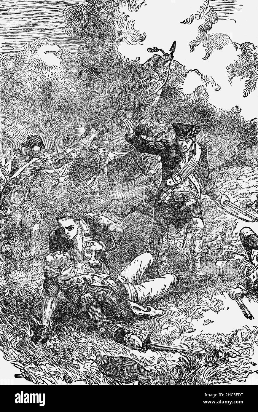 Un'illustrazione di fine 19th secolo della morte del maggiore John Pitcairn (1722-1775) era un ufficiale del servizio marino che era stitioned a Boston, Massachusetts e ha preso parte alle battaglie di Lexington e di Concord, che hanno segnato l'inizio della rivoluzione americana. Alla battaglia di Bunker Hill nei pressi di Charlestown, Massachusetts, due mesi dopo, comandò una forza di riserva di circa 300 Marines e condusse i suoi uomini sulla collina verso la posizione americana. Quando entrò nelle trincee, fu sparato quattro volte, compresa la ferita finale alla testa, che si diceva fosse stata sparata da un ex schiavo di nome Peter Salem. Foto Stock