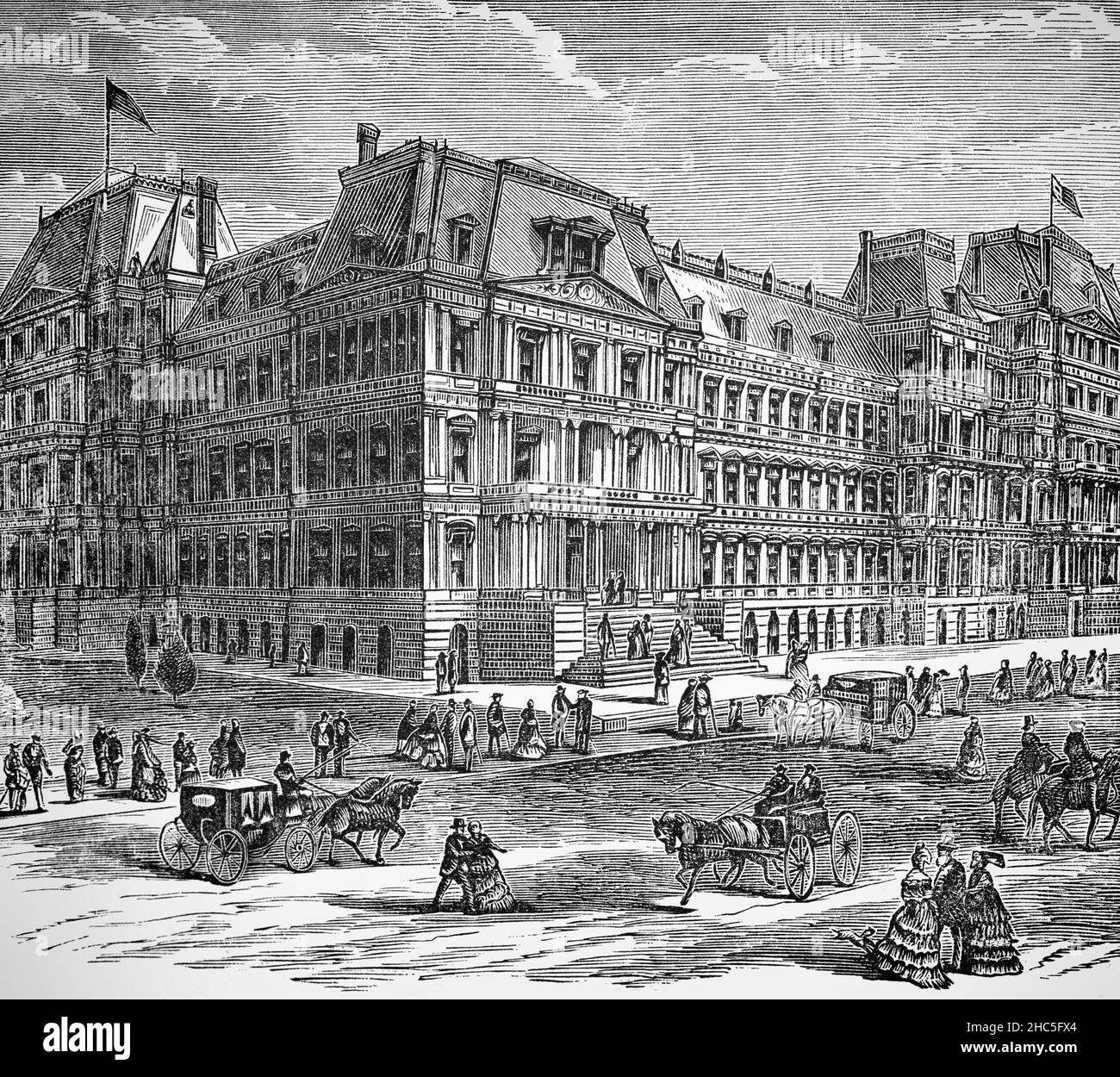 Un'illustrazione della fine del 19th secolo dell'Eisenhower Executive Office Building costruito tra il 1871 e il 1888 in stile francese secondo Impero. Precedentemente conosciuto come l'Old Executive Office Building e ancora prima come state, War, and Navy Building, l'edificio del governo degli Stati Uniti situato a ovest della Casa Bianca nella capitale degli Stati Uniti di Washington, D.C. Foto Stock