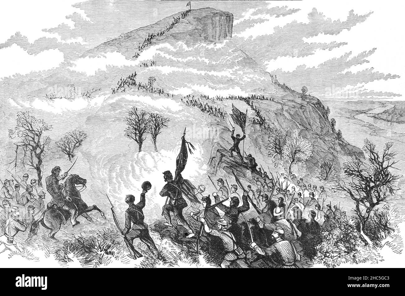 Un'illustrazione di fine 19th secolo della battaglia di Lookout Mountain è stata combattuta 24 novembre 1863, come parte della campagna di Chattanooga della guerra civile americana. Le forze dell'Unione sotto il Gen. Joseph Hooker assalirono Lookout Mountain, Chattanooga, Tennessee, e sconfissero le forze confederate comandate dal Gen. Carter L. Stevenson. Lookout Mountain è stato un impegno nelle battaglie di Chattanooga tra la Divisione militare del Mississippi di Major Gen. Ulysses S. Grant e l'Esercito confederato del Tennessee, comandato dal Gen. Braxton Bragg. Foto Stock