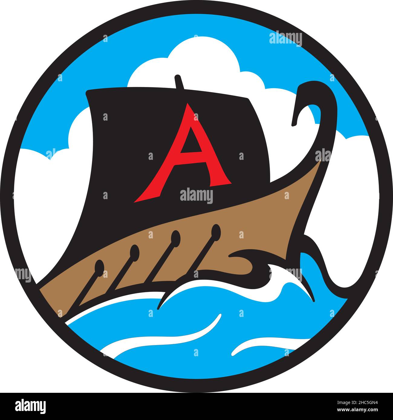 Logo storico vettore nave o disegno icona con remi e vela. Illustrazione vettoriale dell'antica cucina greca o nave vichinga che naviga attraverso le onde dell'oceano. Illustrazione Vettoriale