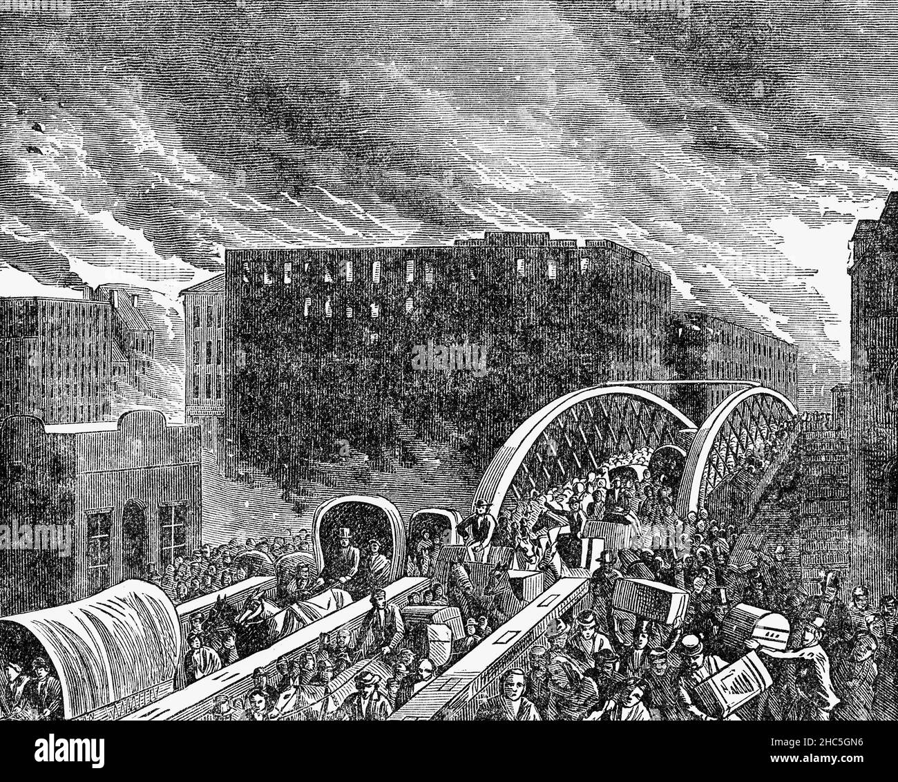 Un'illustrazione di fine 19th secolo del grande fuoco di Chicago, una conflagrazione che bruciò nella città americana di Chicago durante il 8–10 ottobre 1871. L'incendio uccise circa 300 persone, distrusse circa 3,3 miglia quadrate della città, comprese oltre 17.000 strutture, e lasciò più di 100.000 residenti senzatetto. L'incendio iniziò in un quartiere a sud-ovest del centro città dopo un lungo periodo di caldo vento secco e la costruzione in legno prevalente nella città, portò alla conflagrazione. Foto Stock