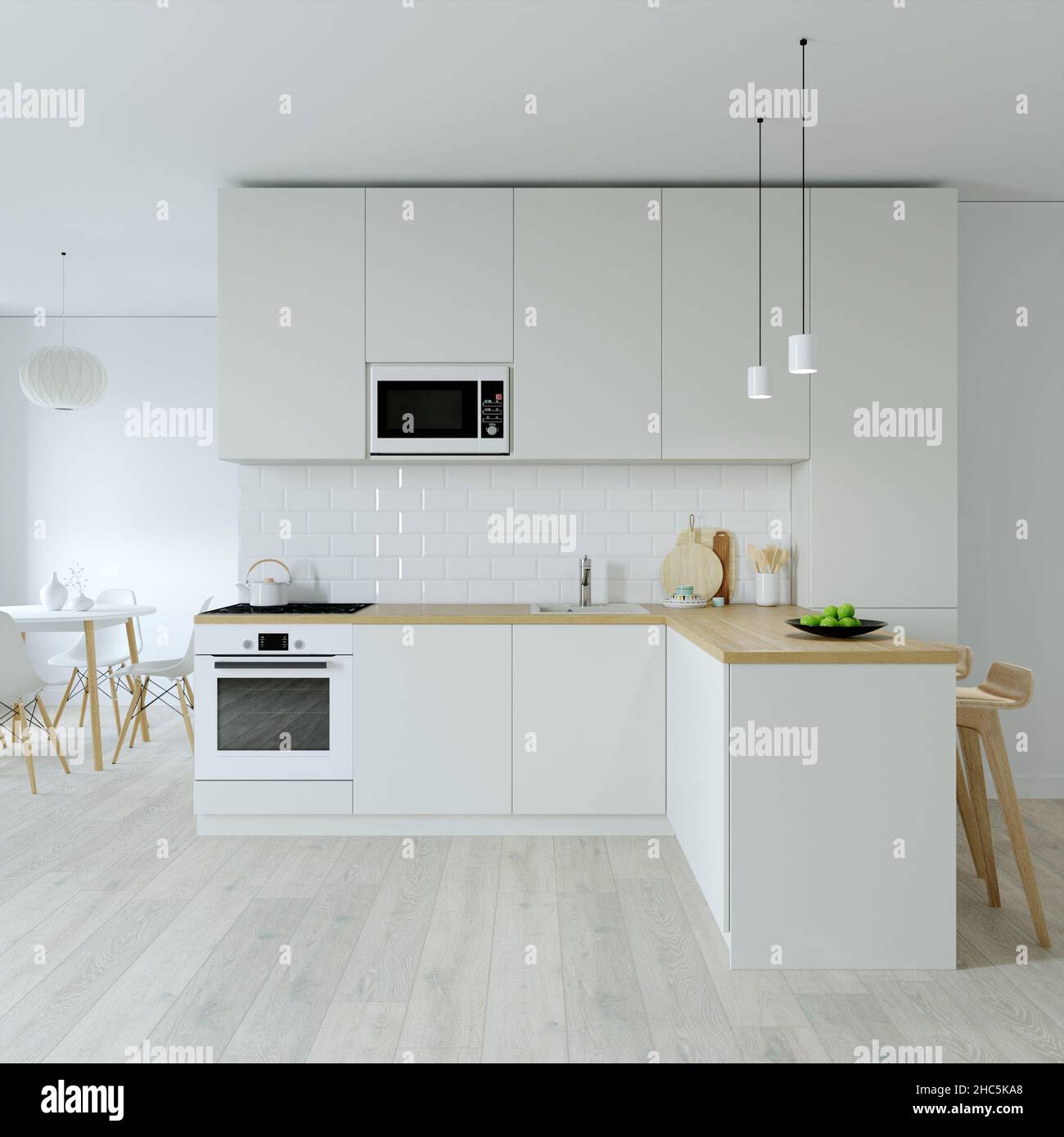 Cucina interier. 3D rendering di una cucina luminosa. Foto Stock