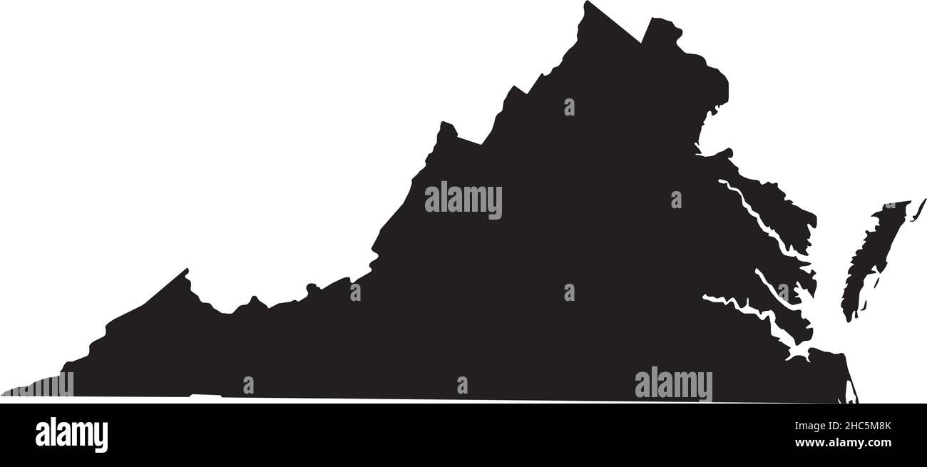 Semplice mappa amministrativa vettoriale nera dello Stato federale della Virginia, USA Illustrazione Vettoriale
