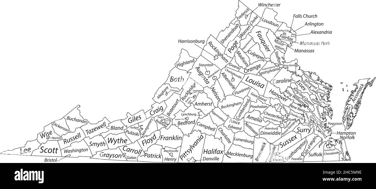 Mappa amministrativa vettoriale bianca dello Stato federale della Virginia, USA con confini neri e etichette dei nomi delle sue contee Illustrazione Vettoriale