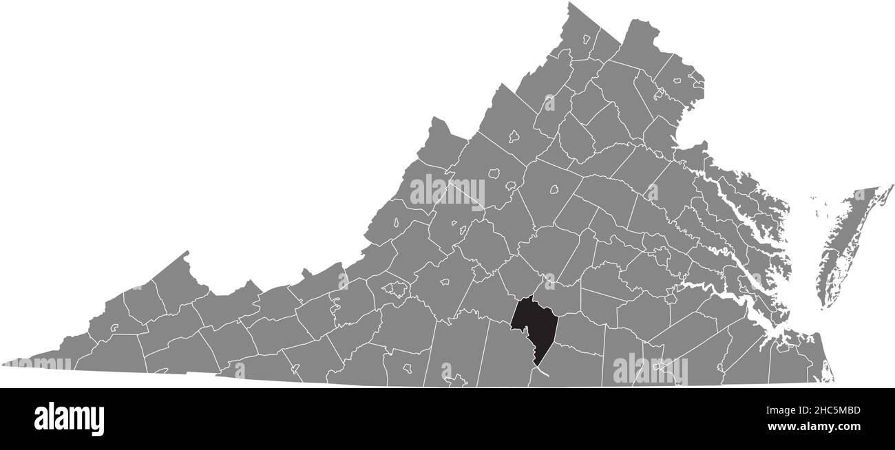 Mappa della posizione evidenziata in nero della contea di Charlotte all'interno della mappa amministrativa grigia dello stato federale della Virginia, USA Illustrazione Vettoriale