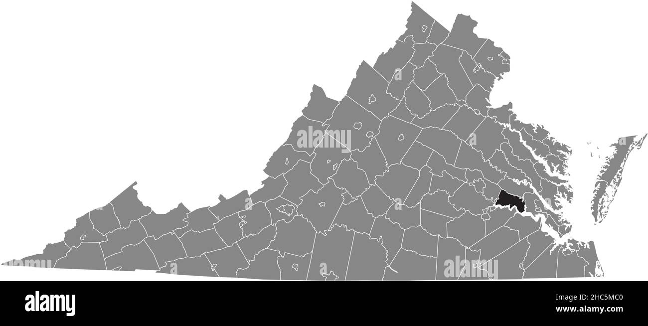 Mappa della posizione evidenziata in nero della contea di Charles City all'interno della mappa amministrativa grigia dello stato federale della Virginia, Stati Uniti d'America Illustrazione Vettoriale