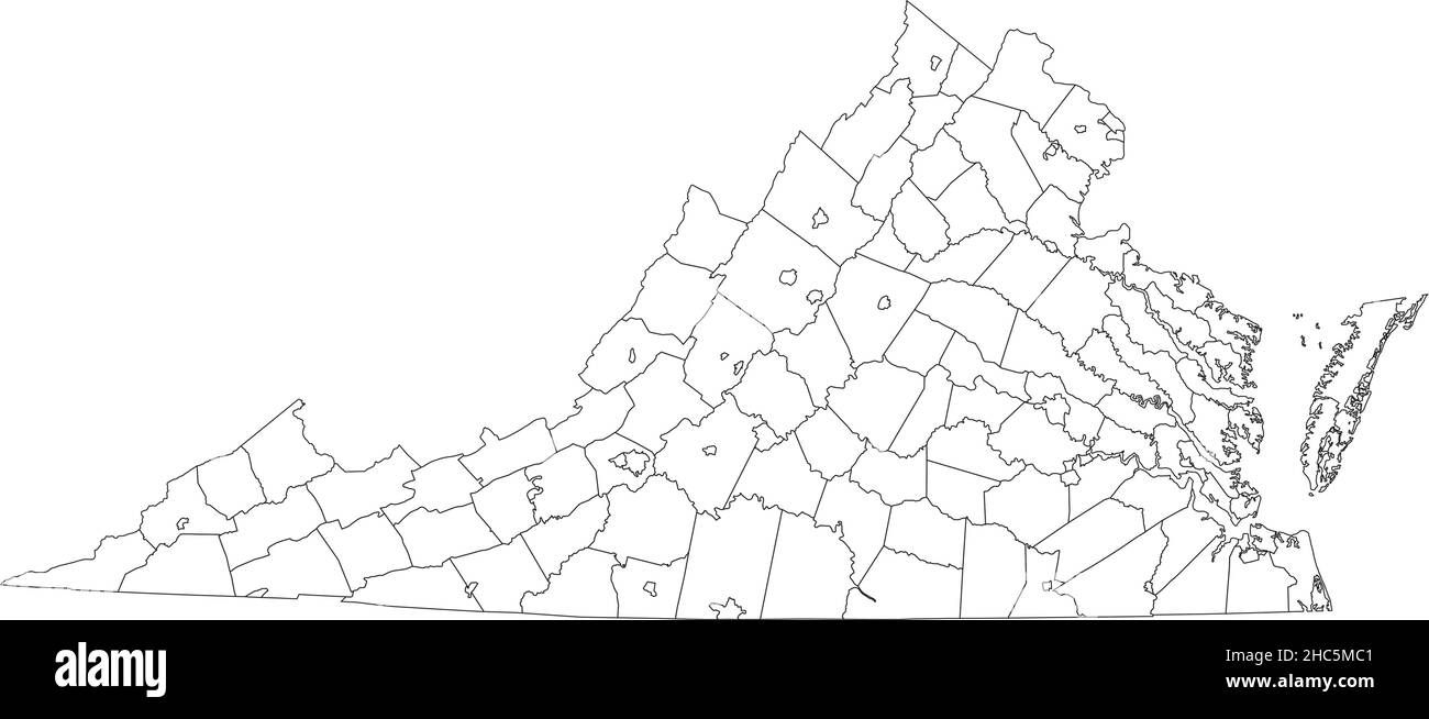 Mappa amministrativa bianca del vettore dello Stato federale della Virginia, Stati Uniti d'America con i confini neri delle sue contee Illustrazione Vettoriale