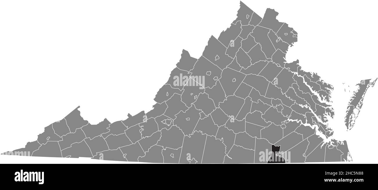 Mappa della zona evidenziata in nero della contea di Greensville all'interno della mappa amministrativa grigia dello stato federale della Virginia, USA Illustrazione Vettoriale