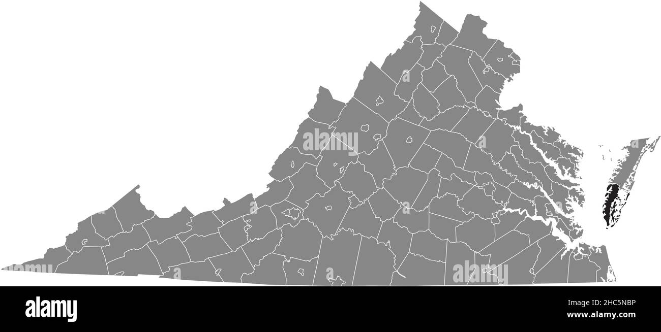 Mappa della posizione evidenziata in nero del Northampton all'interno della mappa amministrativa grigia dello Stato federale della Virginia, USA Illustrazione Vettoriale