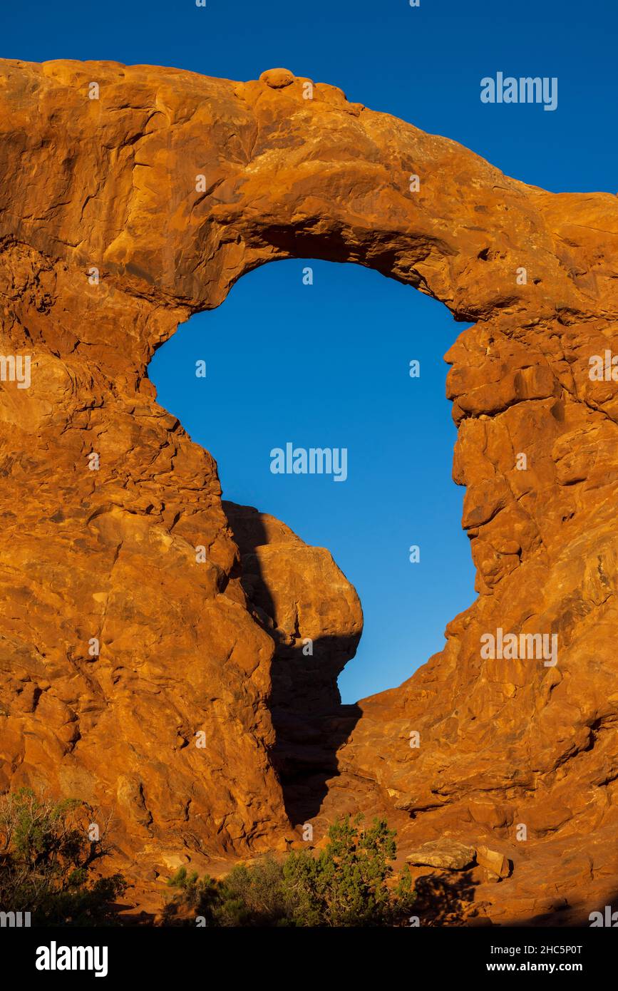 Dettaglio del Turret Arch all'alba nel Parco Nazionale degli Arches, Utah Foto Stock