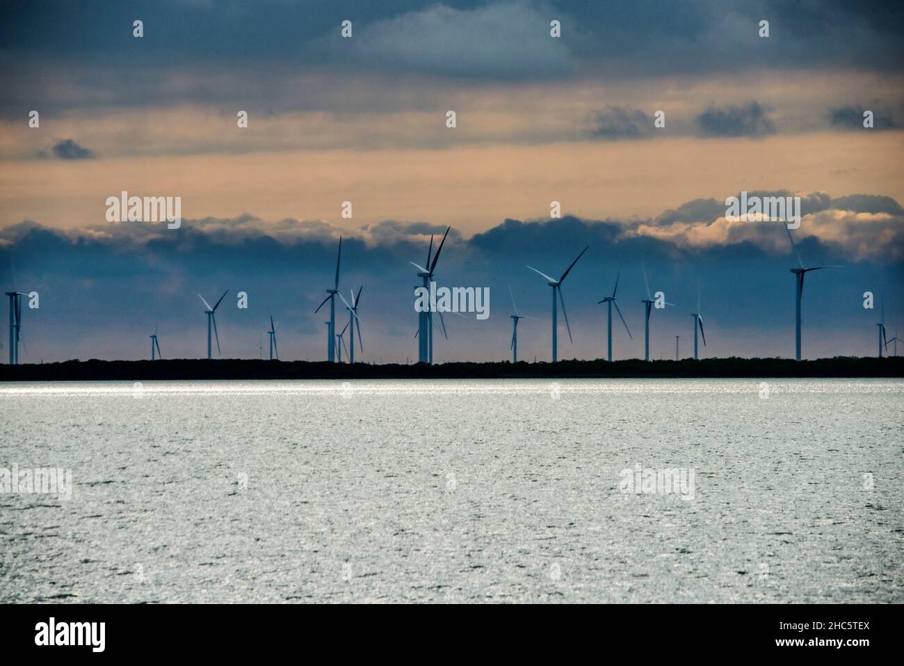 Turbine eoliche sulla Laguna Madre in Texas Foto Stock