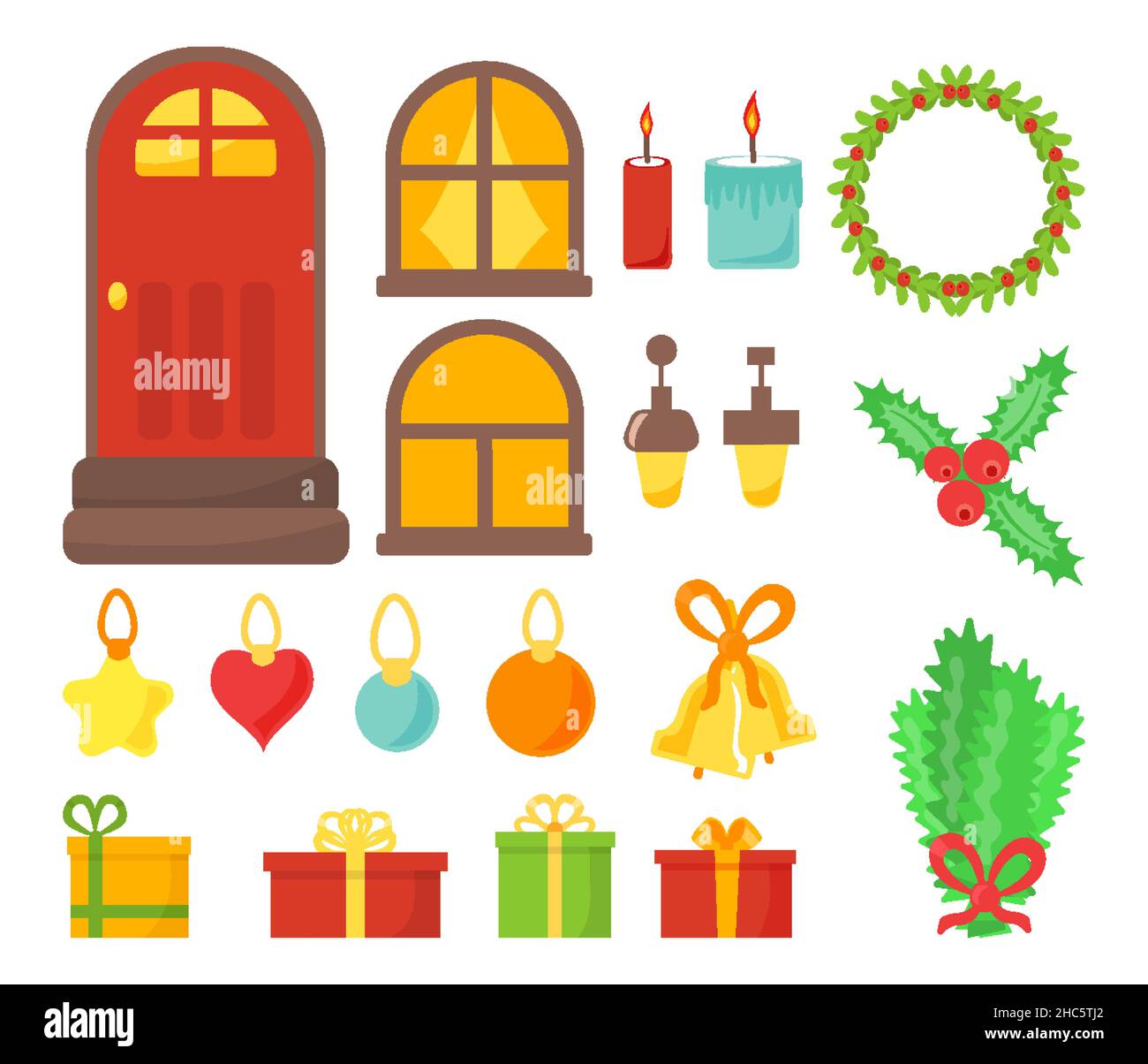 Street outdoor intimo inverno casa esterno set isolato su sfondo bianco per il design. Albero, regali, porta con gradini, campana, finestre, tende, lanterne, candele, rami, giocattoli. Illustrazione vettoriale Illustrazione Vettoriale