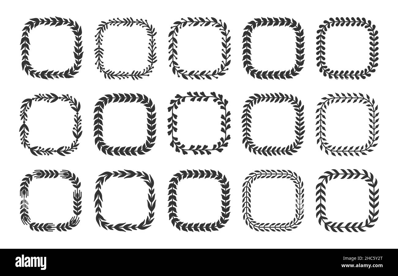 Set di silhouette nera con telaio a foglia naturale. Successo del premio Plant pattern. Tatuaggio araldico vintage badge frame. Logo della carta di invito primavera estate. Realizzazione di forma quadrata isolata su bianco Illustrazione Vettoriale