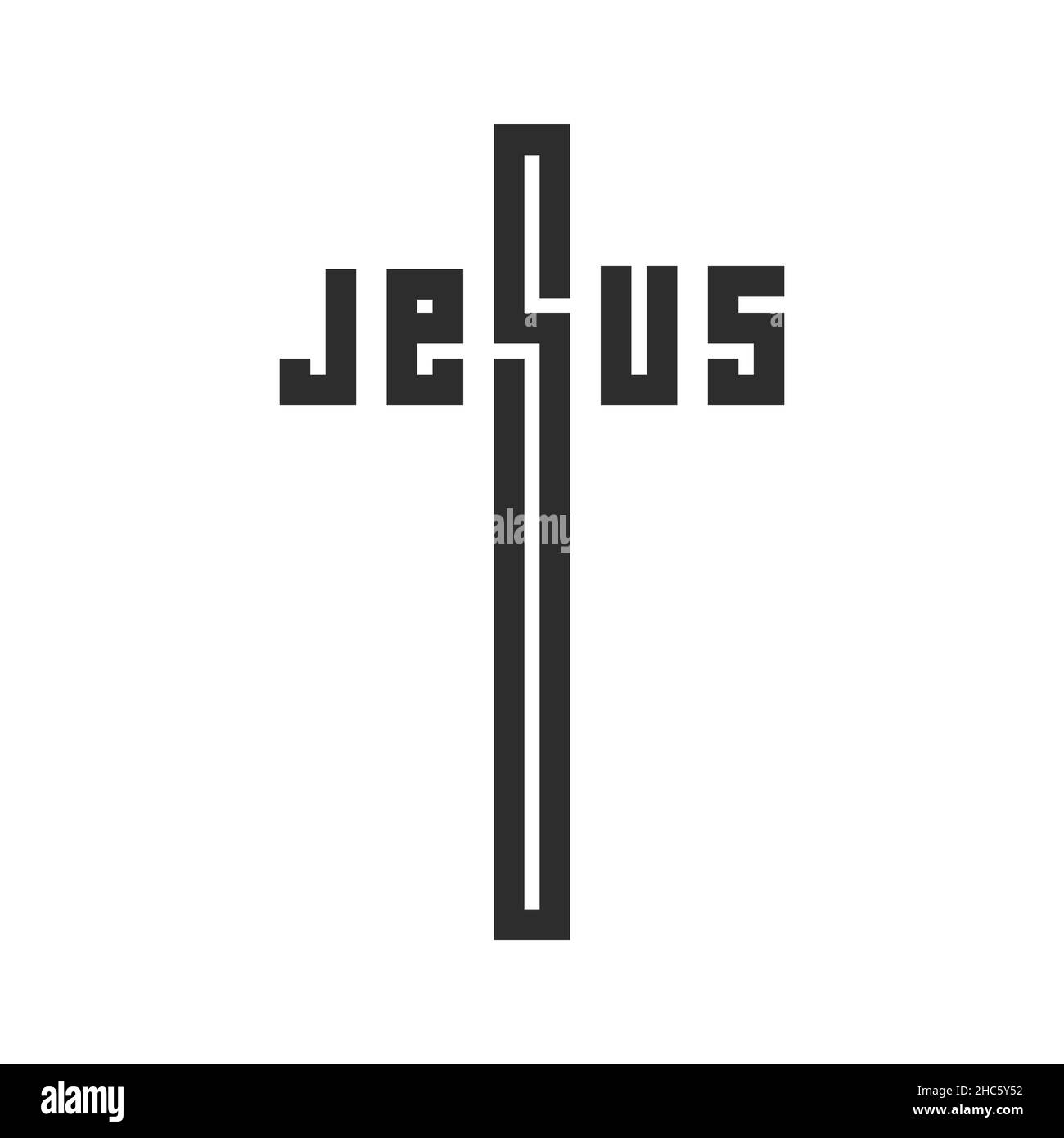 GESÙ. Emblema creativo. Testo stilizzato a forma di crocefisso. Illustrazione vettoriale cristiana piatta e isolata, sfondo biblico. Illustrazione Vettoriale GESÙ. Emblema creativo. Testo stilizzato a forma di crocefisso. Illustrazione vettoriale cristiana piatta e isolata, sfondo biblico. Illustrazione Vettoriale