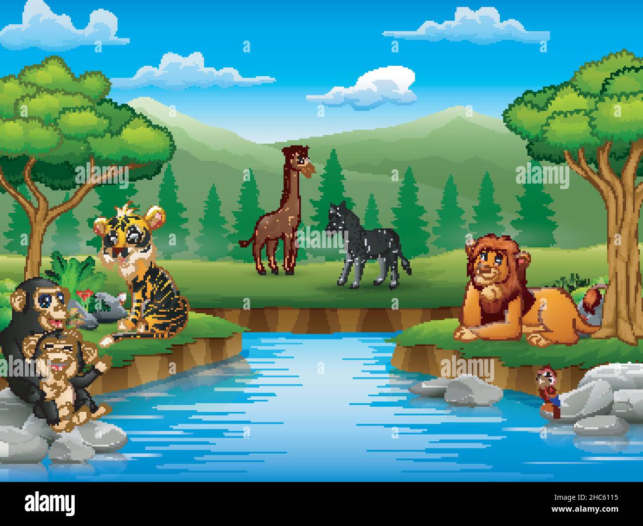 Animali cartoni animati stanno godendo la natura vicino al fiume Illustrazione Vettoriale