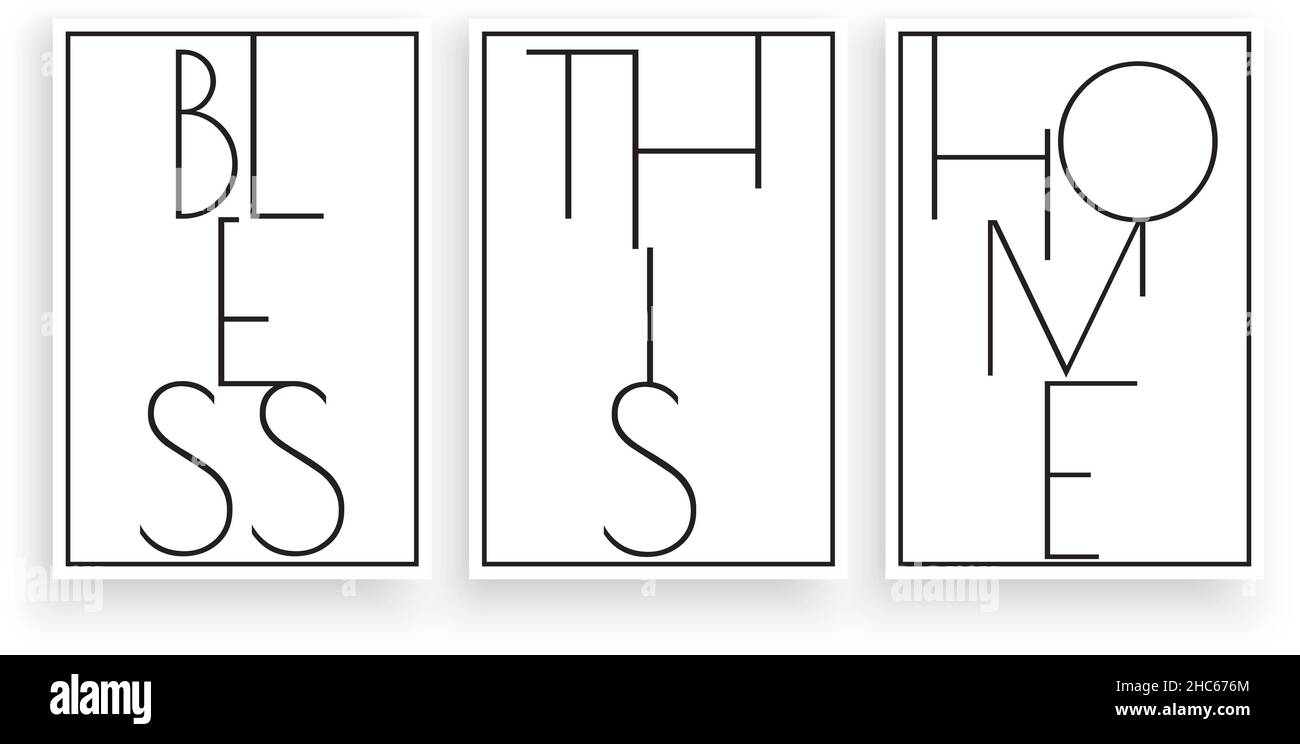 Benedica questa casa, vettore. Design minimalista in tre pezzi. Opere d'arte della parete scandinave, decorazioni delle pareti. Design di testo isolato su bianco Illustrazione Vettoriale