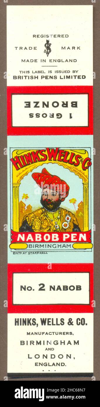 Etichetta per la penna di Hanks, Wells & Co's Nabob Pen circa 1885 Foto Stock