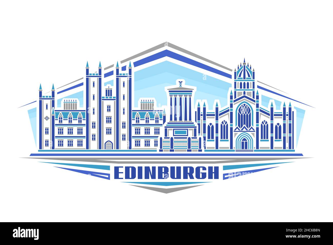 Illustrazione vettoriale di Edimburgo, logo orizzontale con disegno lineare famoso paesaggio cittadino di edimburgo su sfondo cielo di giorno, linea urbana europea art concep Illustrazione Vettoriale