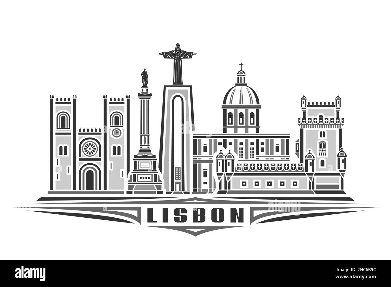 Illustrazione vettoriale di Lisbona, poster orizzontale monocromatico con disegno lineare paesaggio urbano di lisbona, concetto urbano di arte di linea europea con lett decorativo Illustrazione Vettoriale